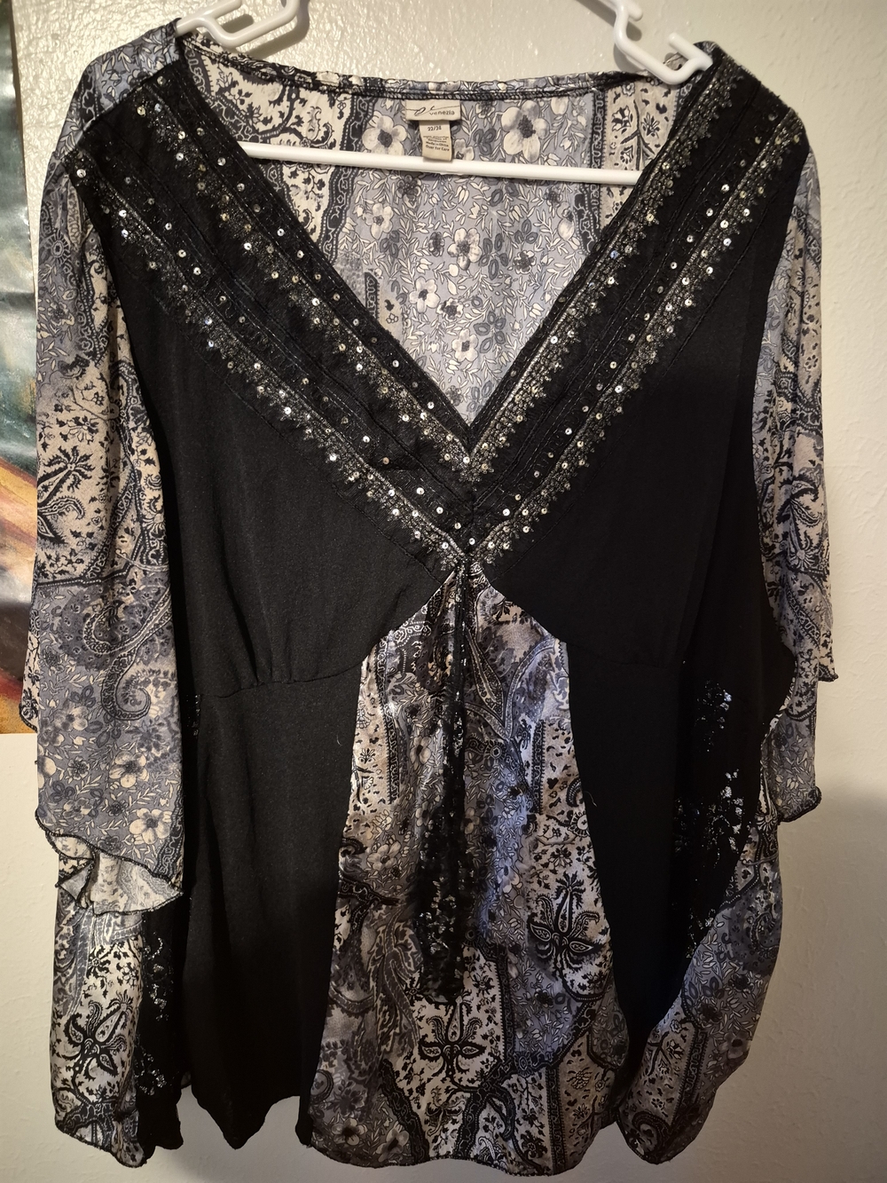 Venezia Black Blouse with Gray Paisley Panels & Sequin Trim